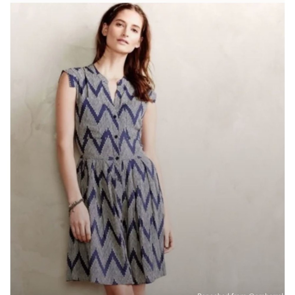 Anthropologie 11.1 Tylho Blue Print V-Neck Square Cap Sleeve Shirt Dress S